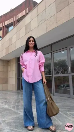2-piece stripped button down shirt and wide leg pants combo — view 2