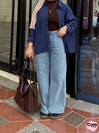 3-piece combo navyblue button-down shirt with wide leg pants and brown crop top