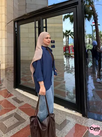 3-piece combo navyblue button-down shirt with wide leg pants and brown crop top — view 3
