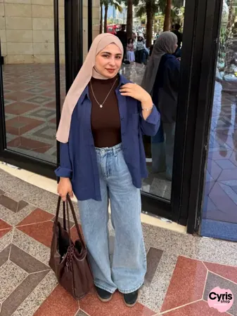 3-piece combo navyblue button-down shirt with wide leg pants and brown crop top — view 4