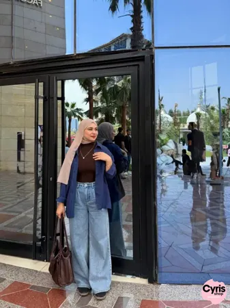 3-piece combo navyblue button-down shirt with wide leg pants and brown crop top — view 7