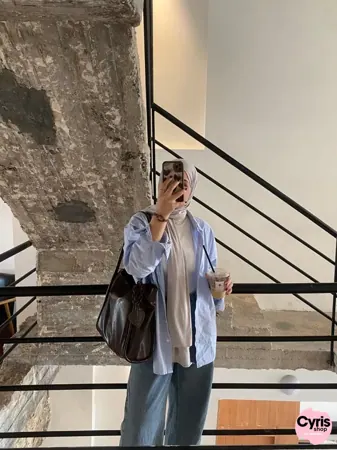 3-piece combo Skyblue button-down shirt with wide leg pants and crop top — view 3