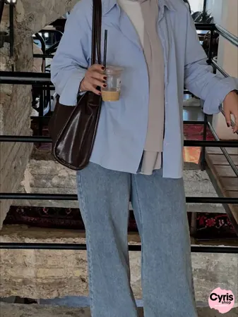 3-piece combo Skyblue button-down shirt with wide leg pants and crop top — view 4