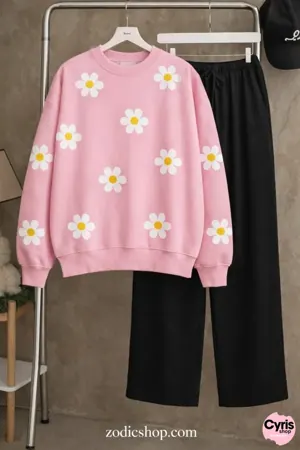 Baby Pink Daisy Sweatshirt & Trouser Combo