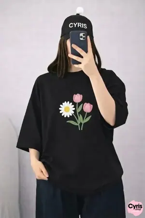 Black Flower Graphic Drop Shoulder T-Shirt – Cute Oversized Casual Tee