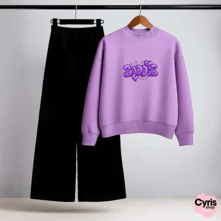 Baddie Lilac Sweatshirt & Black Trouser Set