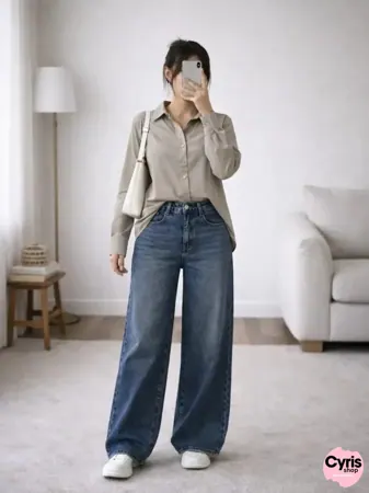 Beige Button-Down Shirt with Black Wide-Leg Pants Set
