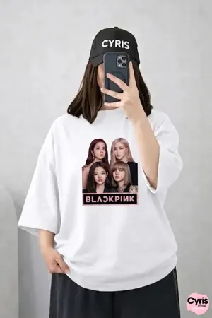Oversized Drop Shoulder Graphic T-Shirt – White Blackpink K-Pop Print
