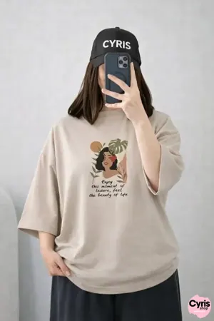 Beige Drop Shoulder Graphic T-Shirt – Oversized Casual Fit