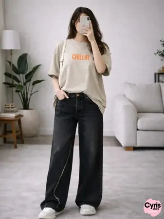 Beige Printed T-Shirt with Black Wide-Leg Pants Set