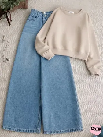 Beige Sweatshirt with Wide-Leg Blue Denim Pants – Casual Winter Co-Ord Set