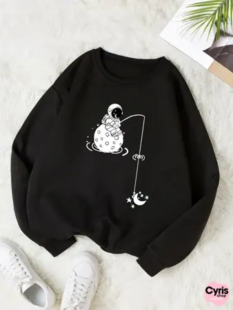 Black Astronaut Fishing Graphic Sweatshirt