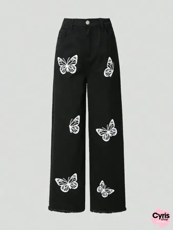 Black Butterfly Printed Wide-Leg Jeans