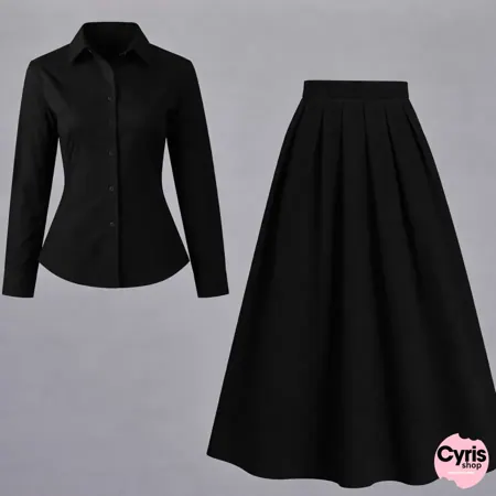 Black button-down & black Pleated Maxi Skirt Set