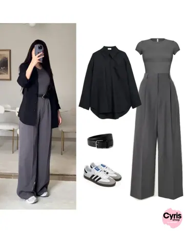Black Button-Down Shirt with Grey Crop Top & Wide-Leg Pants – Modern Chic 3-Piece Set