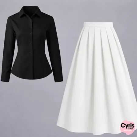 Black Button-Down Shirt with White Pleated Maxi Skirt – Elegant Two-Piece Set