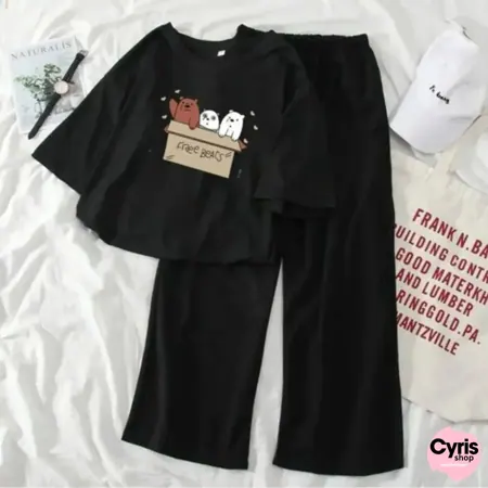 Black Cartoon Bears Tee & Black Trouser Set - Cool Graphic Look