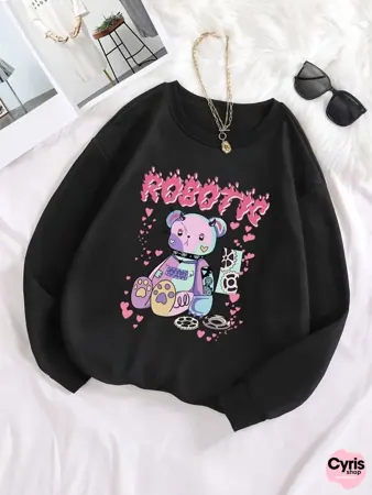 Black Cartoon Teddy Bear Graphic Sweatshirt