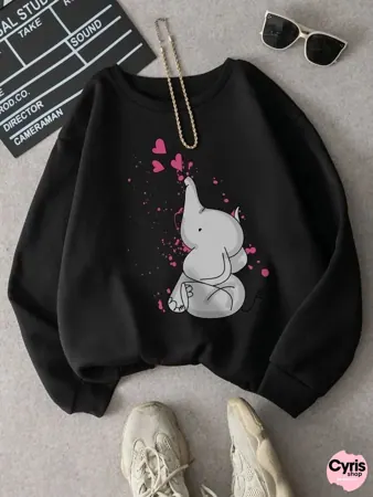 Black Cute Elephant Graphic Sweatshirt