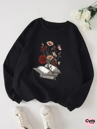 Black Floral Book Aesthetic Sweatshirt