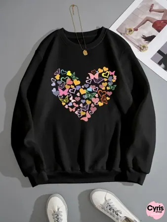 Black Heart-Shaped Floral Sweatshirt