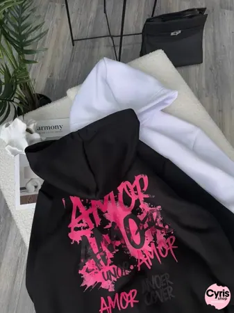 Black Hoodie – ‘Amor Amour’ Artistic Graffiti Print — view 2