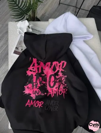 Black Hoodie – ‘Amor Amour’ Artistic Graffiti Print — view 3