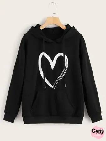 Black Hoodie with Bold White Heart Print