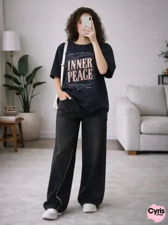 Black ‘Inner Peace’ Graphic T-Shirt with Black Wide-Leg Pants Set