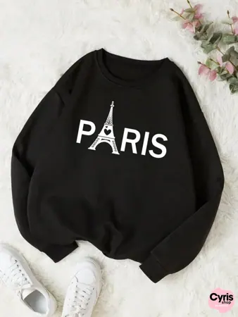 Black Paris Eiffel Tower Print Sweatshirt