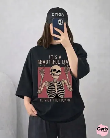 Black Skeleton Quote Drop Shoulder T-Shirt – Oversized Streetwear Tee