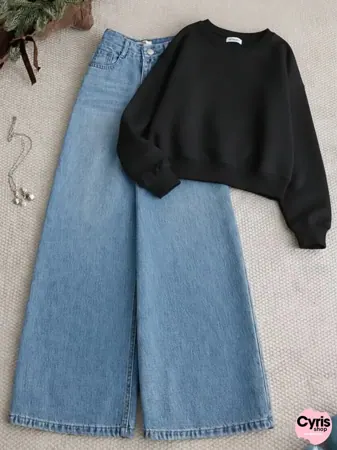 Black Sweatshirt & Wide-Leg Denim Jeans – Minimal Streetwear Combo