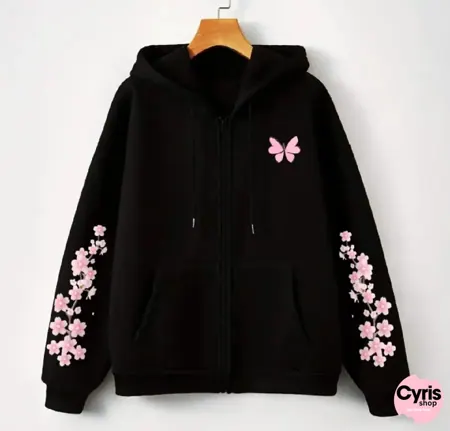 Black Zip-Up Hoodie – Pink Butterfly & Floral Sleeve Print