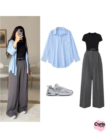 Blue Button-Down Shirt with White Crop Top & Grey Wide-Leg Pants – Smart Casual 3-Piece Set
