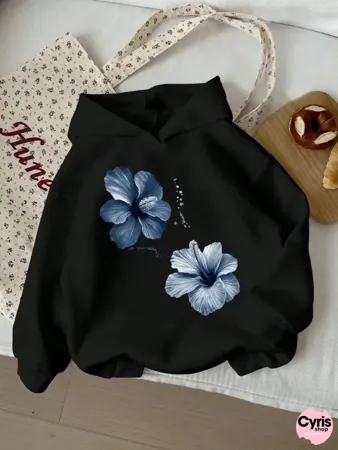 Blue Floral Black Hoodie
