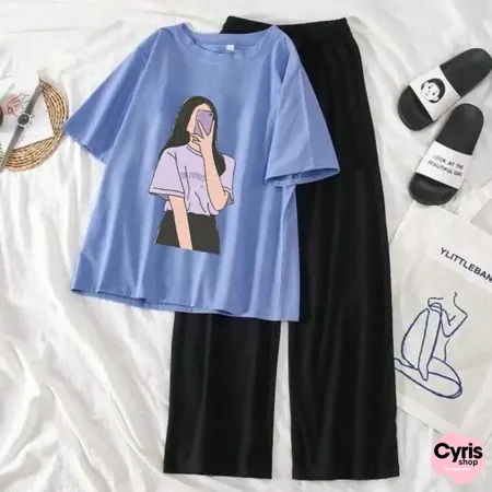 Blue Graphic Tee & Black Trouser Set - Cool Casual Days