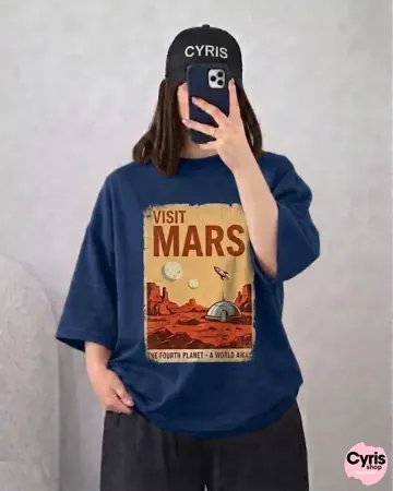 Blue “Visit Mars” Drop Shoulder T-Shirt – Retro Oversized Streetwear Tee