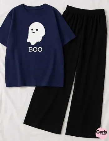 Boo Ghost Tee Set – Navy Cartoon Print + Jet Black Bottoms