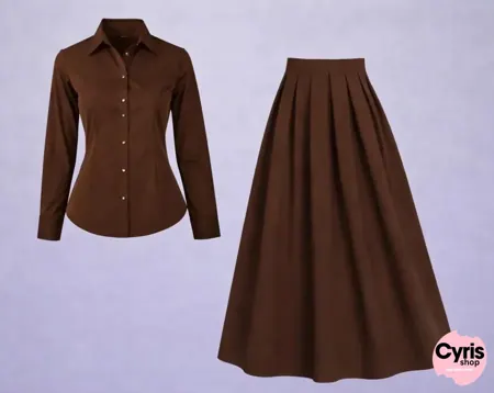 Brown button-down & Brown Pleated Maxi Skirt Set