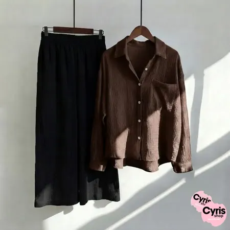 Brown Button-Down Shirt & Black Trousers Set