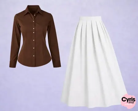 Brown Button-Down Shirt & White Flared Maxi Skirt – Minimal Elegant Set
