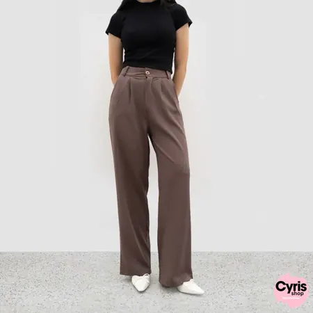 Brown High-Waist Wide-Leg Formal Pants – Elegant Office Wear