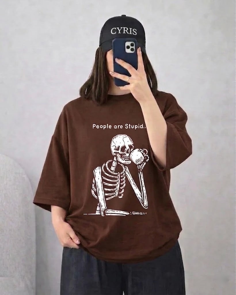 Brown Skeleton Graphic Drop Shoulder T-Shirt – Casual Loose Fit Tee