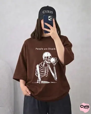 Brown Skeleton Graphic Drop Shoulder T-Shirt – Casual Loose Fit Tee