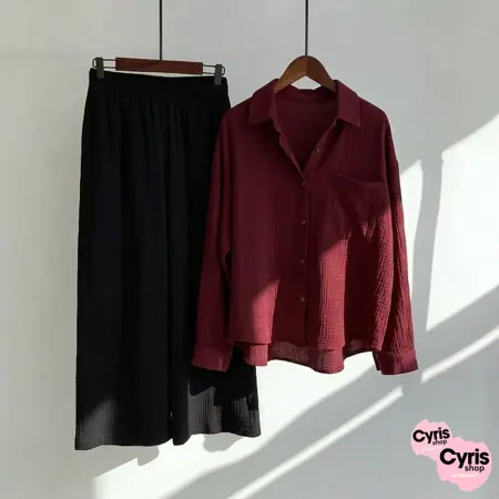 Burgundy Button-Down Shirt & Black Trousers Set