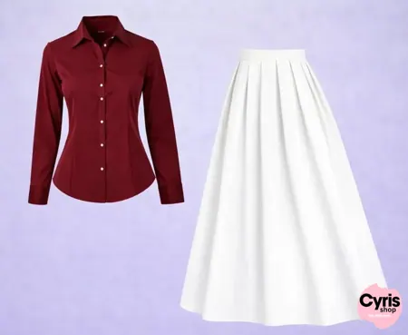Burgundy Button-Down Shirt with White Pleated Maxi Skirt – Chic Contrast Outfit