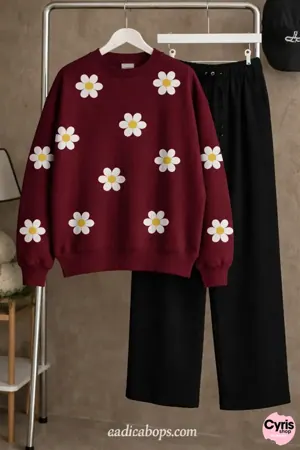 Burgundy Daisy Sweatshirt & Trouser Combo