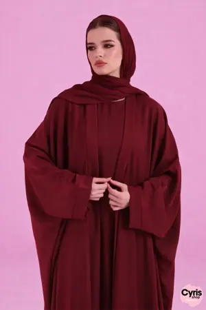 Burgundy Farasha flowy cut abaya — view 2