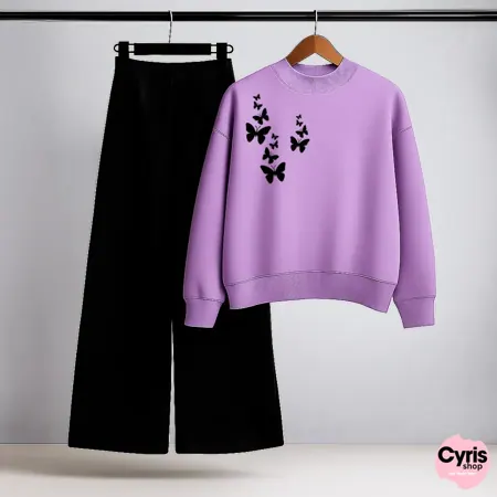 Butterfly Cluster Lilac Sweatshirt & Black Trouser Set