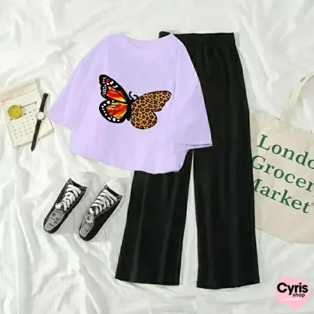 Butterfly Graphic Tee & Trouser combo -Lilac